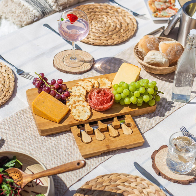 Bamboo Cheese Board Serving Platter With Knife Set