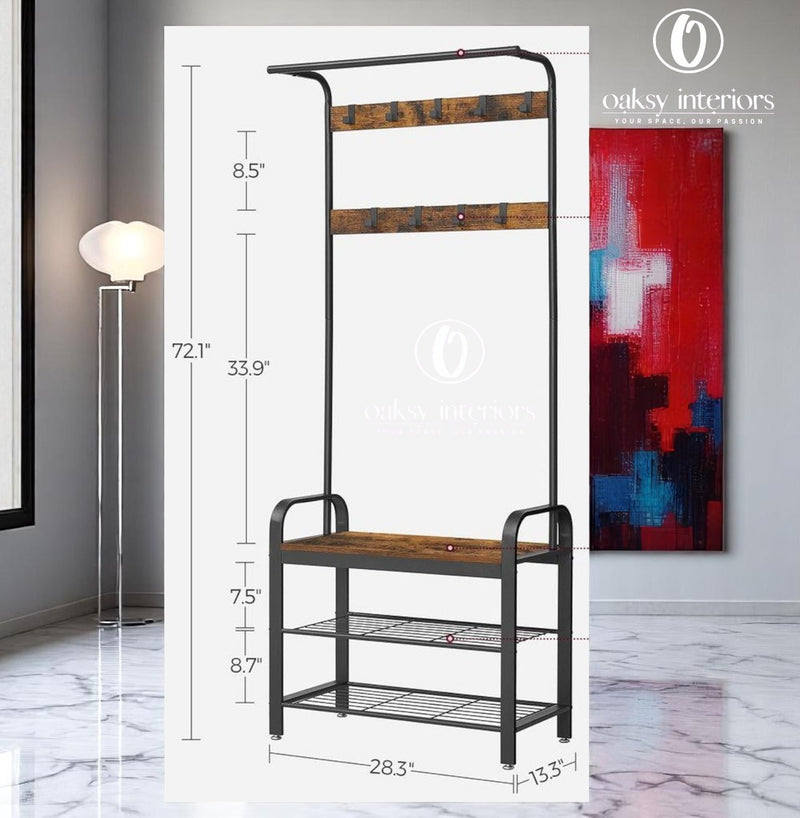 Vintage Industrial Coat Rack with Shoe Storage Bench – Entryway Organizer with Hooks &amp; Shelf – Hall Tree for Hallway, Mudroom, Bedroom, Hallway Organizer