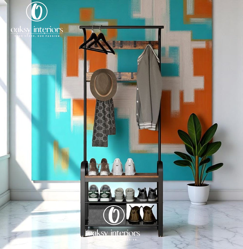Vintage Industrial Coat Rack with Shoe Storage Bench – Entryway Organizer with Hooks &amp; Shelf – Hall Tree for Hallway, Mudroom, Bedroom, Hallway Organizer