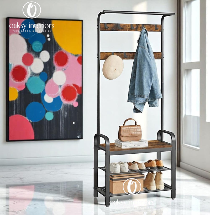 Vintage Industrial Coat Rack with Shoe Storage Bench – Entryway Organizer with Hooks &amp; Shelf – Hall Tree for Hallway, Mudroom, Bedroom, Hallway Organizer
