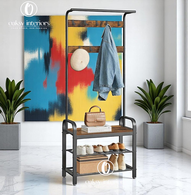 Vintage Industrial Coat Rack with Shoe Storage Bench – Entryway Organizer with Hooks &amp; Shelf – Hall Tree for Hallway, Mudroom, Bedroom, Hallway Organizer