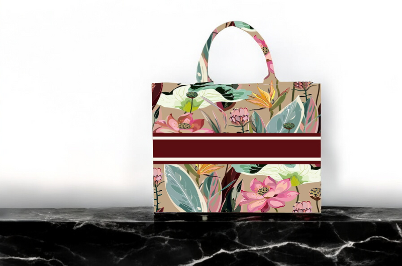 Floral Printed Jute Shopping Bag with Magnetic Buckle Eco-Friendly Hemp Tote, 37x32x13cm