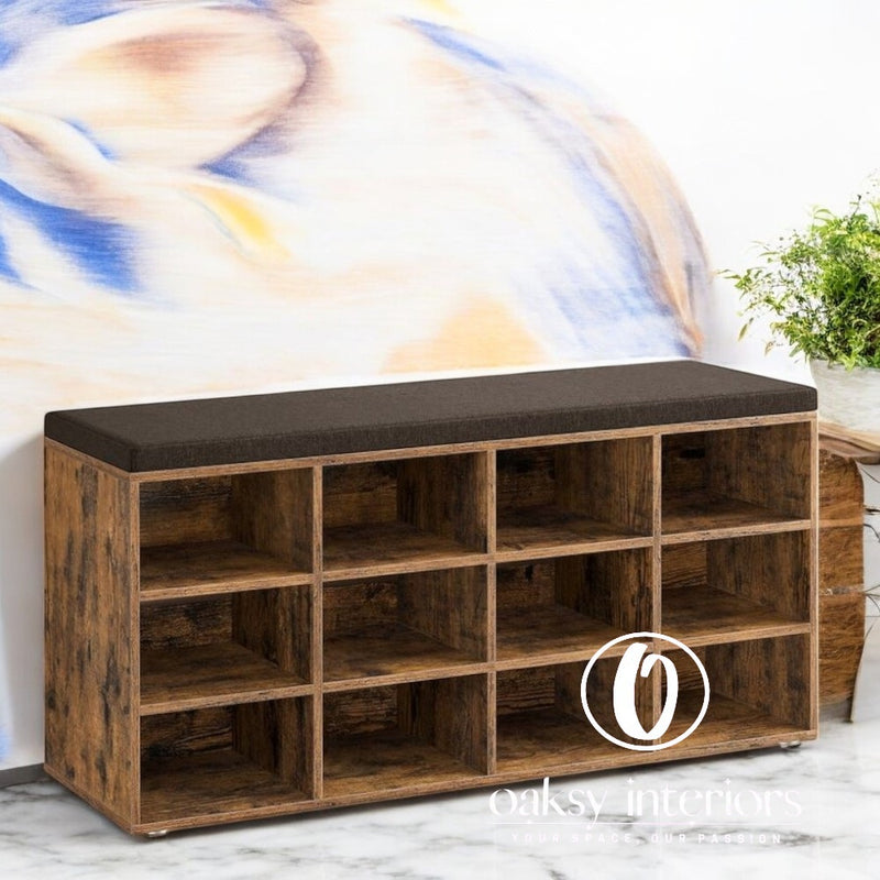 Rustic Brown Shoe Bench with Cushion &amp; 12 Compartments – Entryway Storage with Style