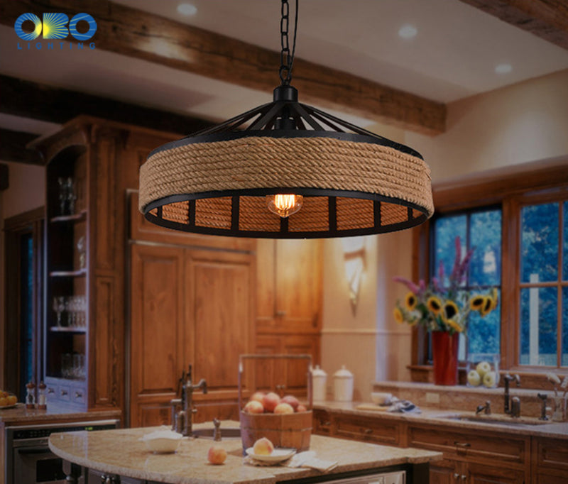 30cm Vintage Industrial Loft Hemp Rope Iron Pendant Ceiling Light