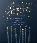 Paperlink Wonderful Son Male Birthday Card for Men/Boys - Candles & Stars with Embossed Gold Foil - Eco-Friendly & Recyclable - Made in England