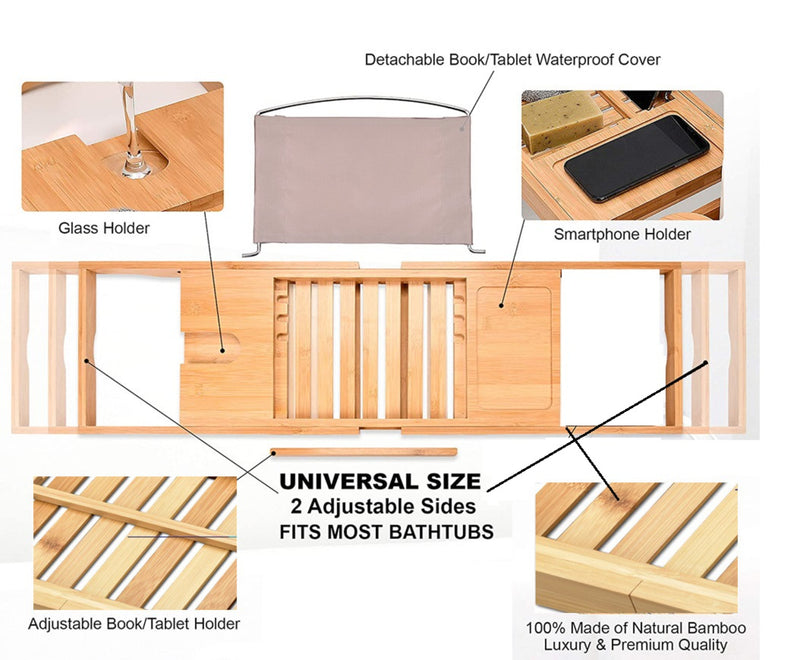 Bath Caddy Tray Bamboo Bathtub Organizer Tablet Holder Adjustable, Suitable for Most UK Baths