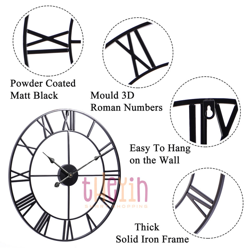 Super Silent Extra Large Roman Numerals Skeleton Wall Clock Big Giant Open Face Round, 60cm/40cm