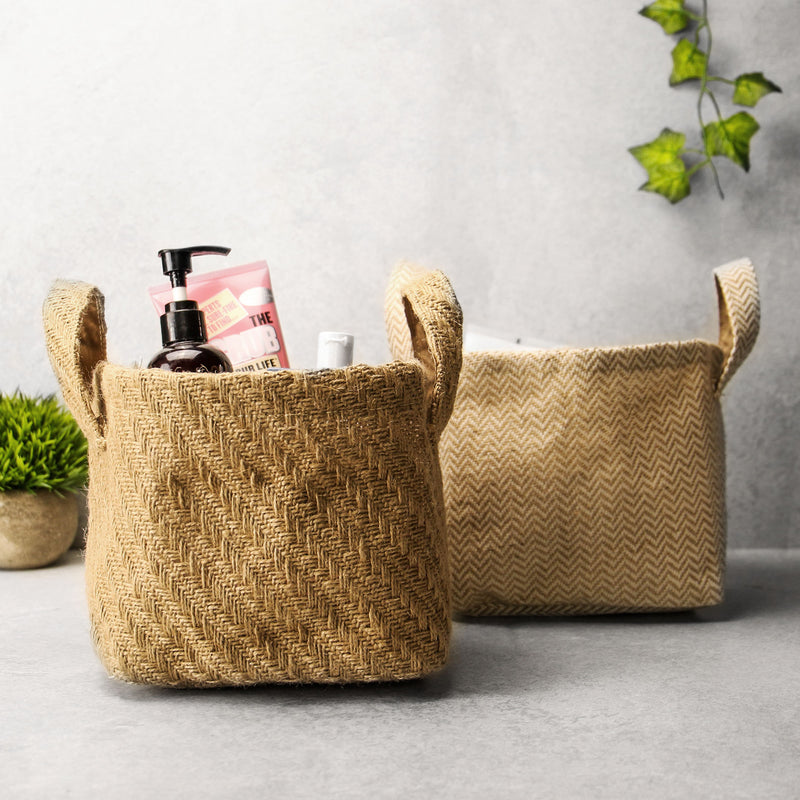 Cotton Jute Storage Baskets Pack of 2 Brown & White with Handles