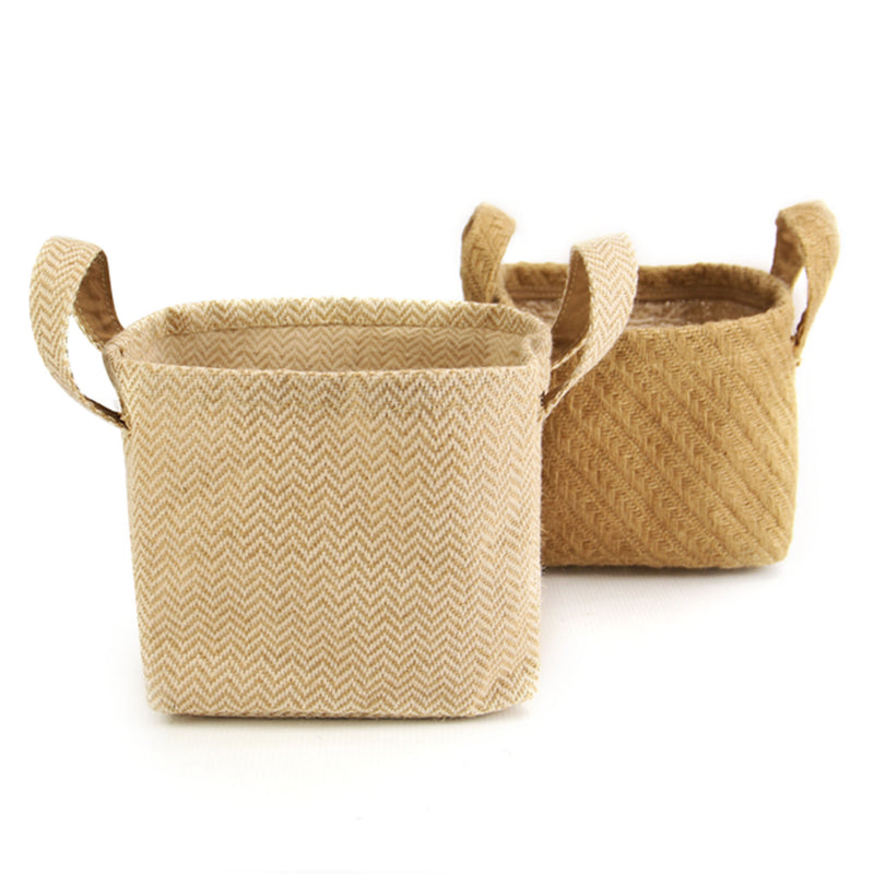 Cotton Jute Storage Baskets Pack of 2 Brown & White with Handles