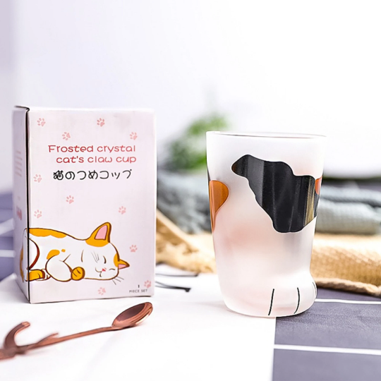 Handmade Cute Cat Paw Cup Matte Glass Mug Children Milk Coffee Drink bottle Foot Cup 300ml, Perfect Gift for Cat Person