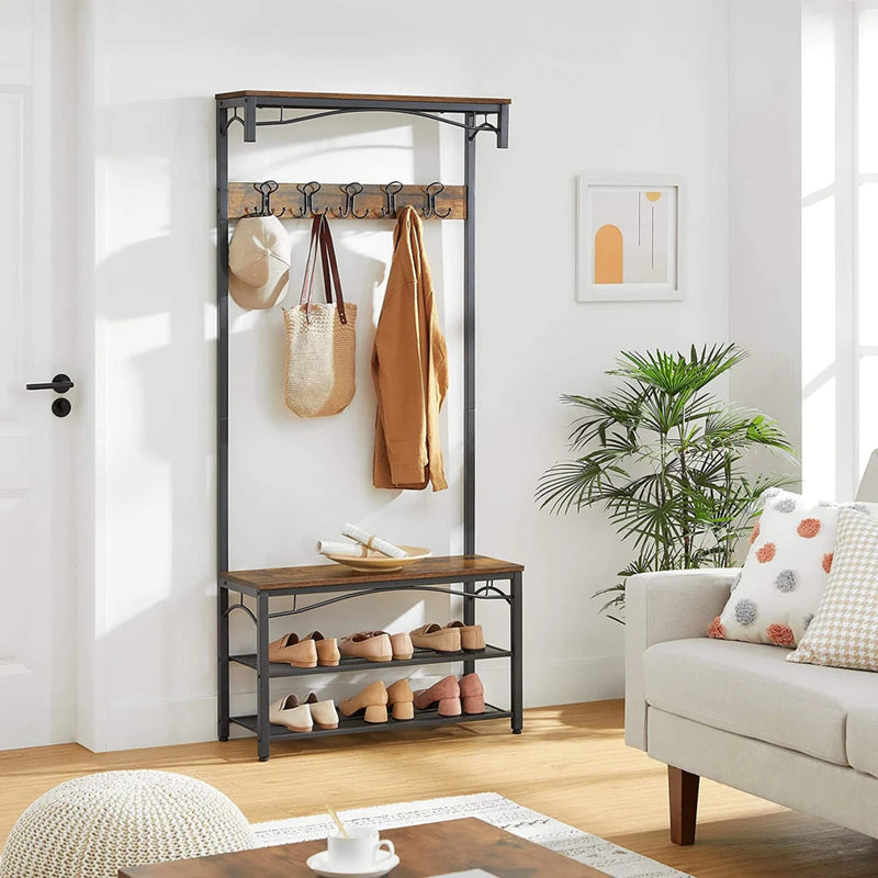 Vintage Hat and Coat Stand, Hallway Shoe Rack and Bench with Shelves, Hall Tree with Hooks, Matte Metal Frame