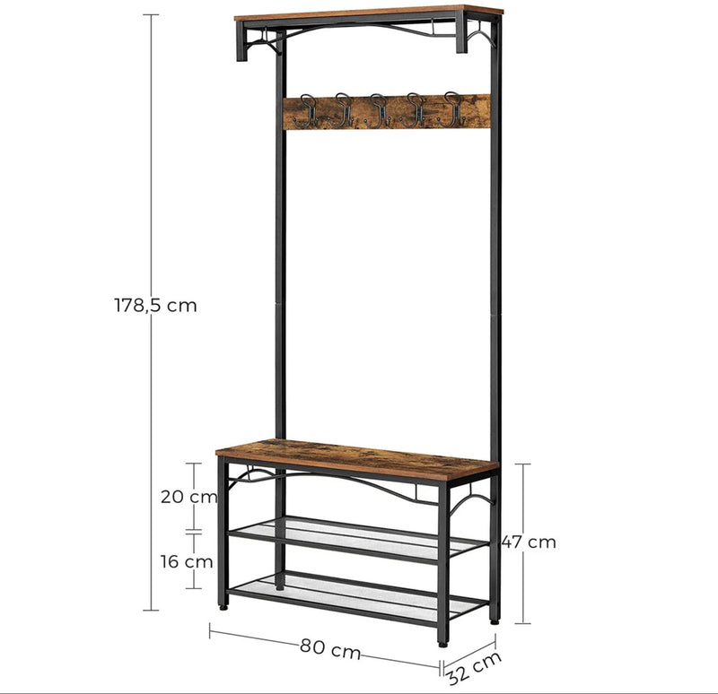 Vintage Hat and Coat Stand, Hallway Shoe Rack and Bench with Shelves, Hall Tree with Hooks, Matte Metal Frame