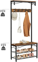 Vintage Hat and Coat Stand, Hallway Shoe Rack and Bench with Shelves, Hall Tree with Hooks, Matte Metal Frame