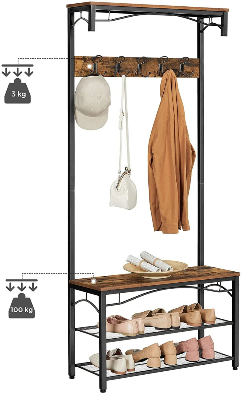 Vintage Hat and Coat Stand, Hallway Shoe Rack and Bench with Shelves, Hall Tree with Hooks, Matte Metal Frame