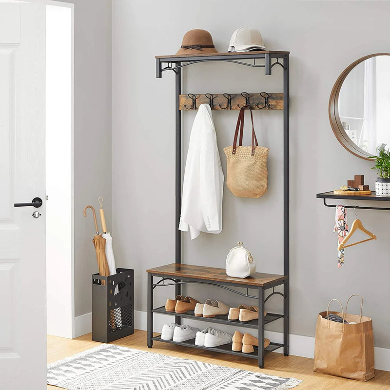 Vintage Hat and Coat Stand, Hallway Shoe Rack and Bench with Shelves, Hall Tree with Hooks, Matte Metal Frame